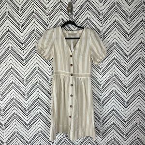 NWOT LOFT Beige and White Striped A-Line Linen Blend Midi Dress Size 0